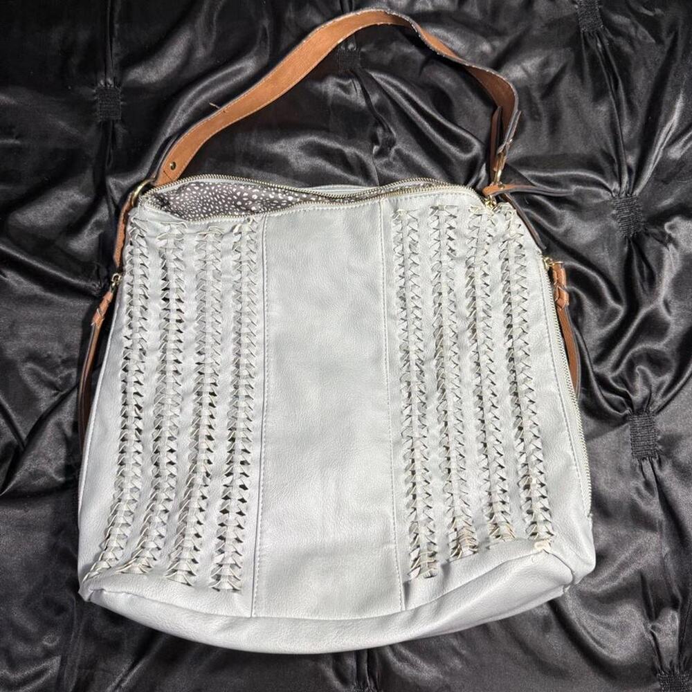 Light blue boho leather handbag